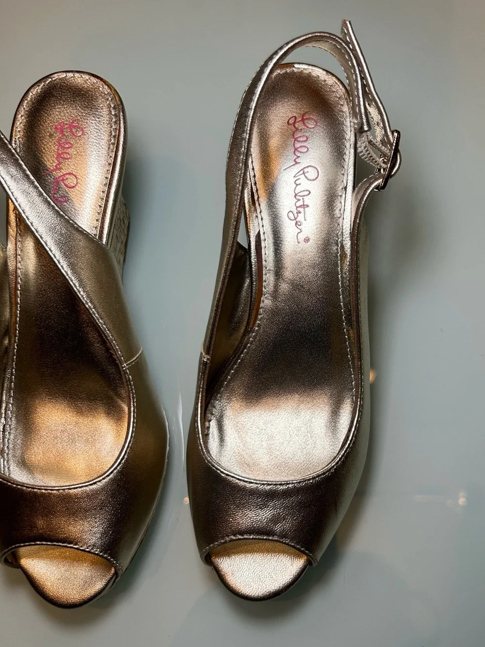 Lilly Pulitzer Krisie Wedge Metallic Gold Peep Toe Resort Rafia Cork Sling Back